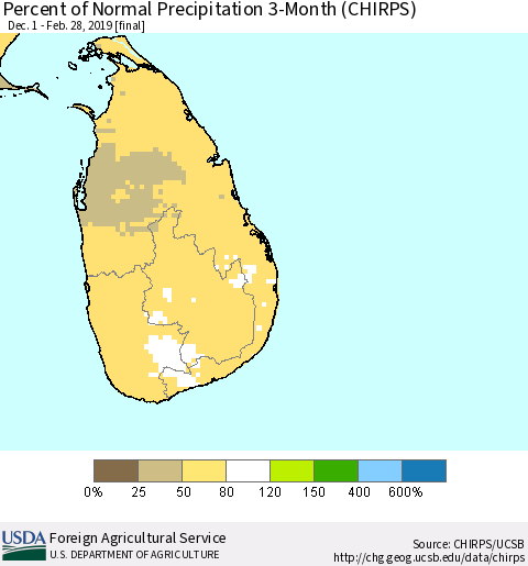 Sri Lanka Percent of Normal Precipitation 3-Month (CHIRPS) Thematic Map For 12/1/2018 - 2/28/2019