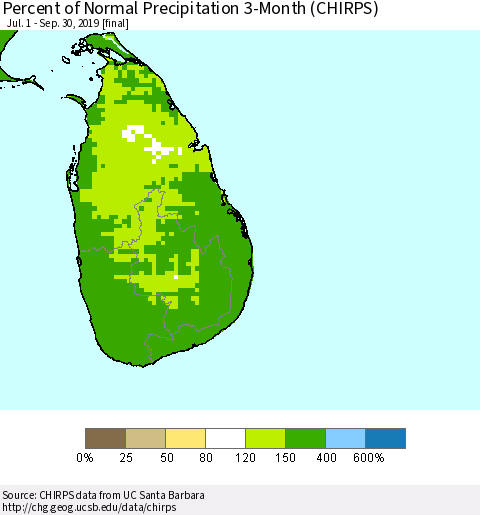 Sri Lanka Percent of Normal Precipitation 3-Month (CHIRPS) Thematic Map For 7/1/2019 - 9/30/2019
