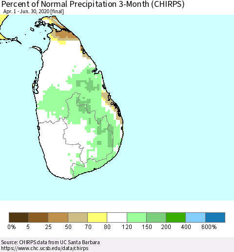 Sri Lanka Percent of Normal Precipitation 3-Month (CHIRPS) Thematic Map For 4/1/2020 - 6/30/2020