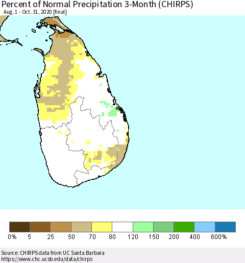 Sri Lanka Percent of Normal Precipitation 3-Month (CHIRPS) Thematic Map For 8/1/2020 - 10/31/2020