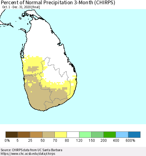 Sri Lanka Percent of Normal Precipitation 3-Month (CHIRPS) Thematic Map For 10/1/2020 - 12/31/2020