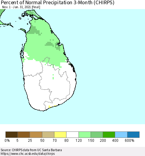 Sri Lanka Percent of Normal Precipitation 3-Month (CHIRPS) Thematic Map For 11/1/2020 - 1/31/2021