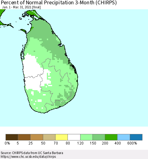 Sri Lanka Percent of Normal Precipitation 3-Month (CHIRPS) Thematic Map For 1/1/2021 - 3/31/2021