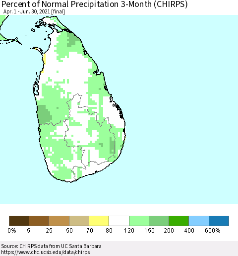 Sri Lanka Percent of Normal Precipitation 3-Month (CHIRPS) Thematic Map For 4/1/2021 - 6/30/2021