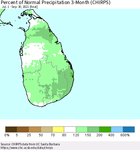 Sri Lanka Percent of Normal Precipitation 3-Month (CHIRPS) Thematic Map For 7/1/2021 - 9/30/2021