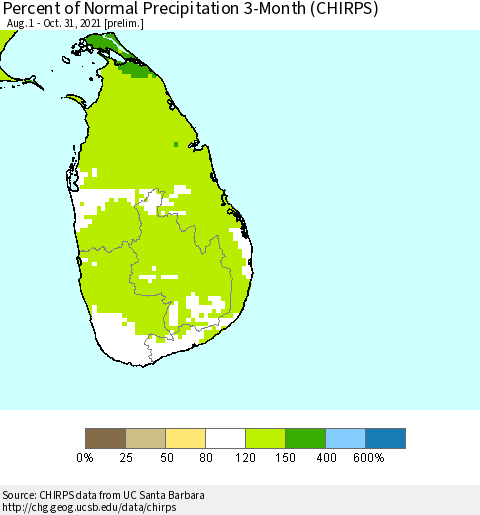 Sri Lanka Percent of Normal Precipitation 3-Month (CHIRPS) Thematic Map For 8/1/2021 - 10/31/2021