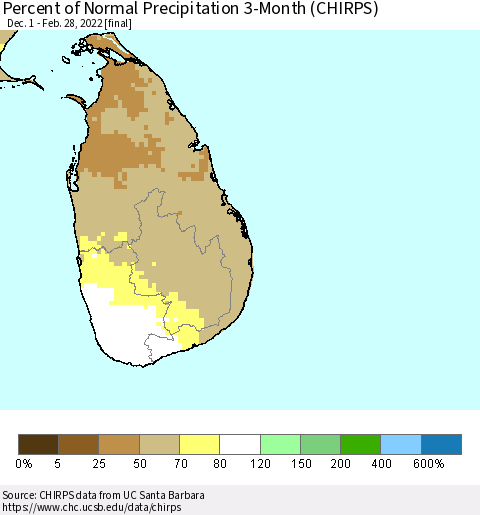 Sri Lanka Percent of Normal Precipitation 3-Month (CHIRPS) Thematic Map For 12/1/2021 - 2/28/2022