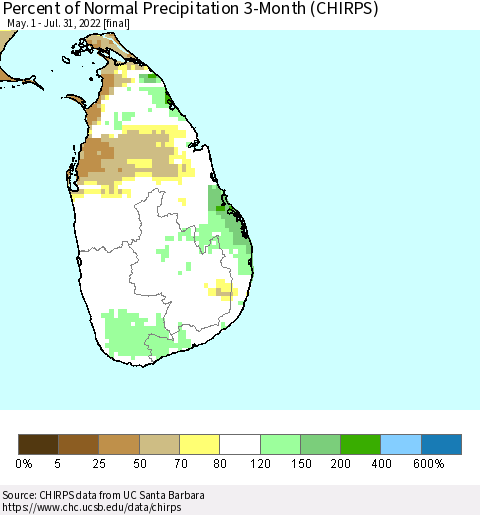 Sri Lanka Percent of Normal Precipitation 3-Month (CHIRPS) Thematic Map For 5/1/2022 - 7/31/2022