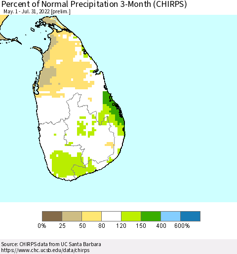 Sri Lanka Percent of Normal Precipitation 3-Month (CHIRPS) Thematic Map For 5/1/2022 - 7/31/2022