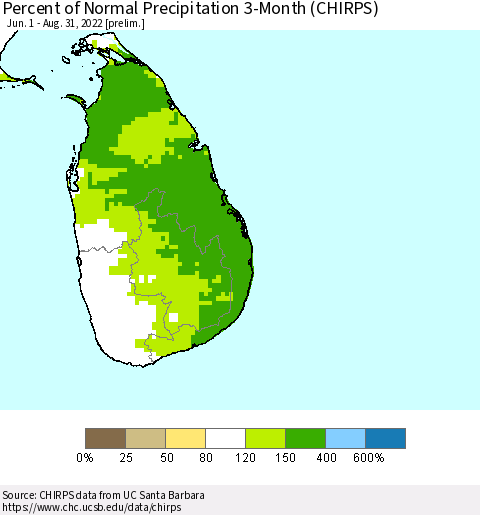 Sri Lanka Percent of Normal Precipitation 3-Month (CHIRPS) Thematic Map For 6/1/2022 - 8/31/2022