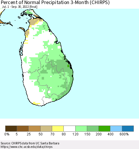 Sri Lanka Percent of Normal Precipitation 3-Month (CHIRPS) Thematic Map For 7/1/2022 - 9/30/2022