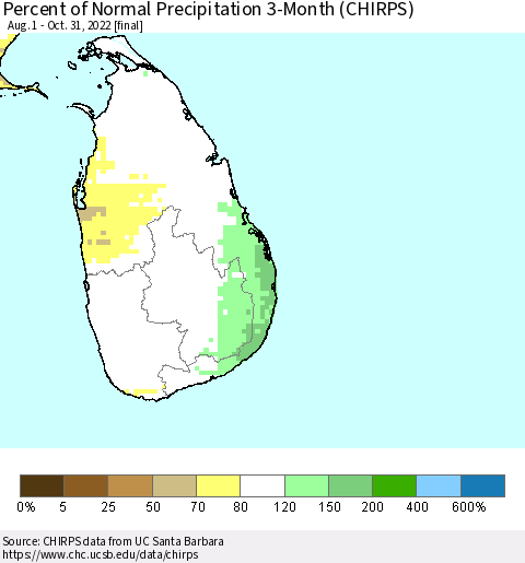 Sri Lanka Percent of Normal Precipitation 3-Month (CHIRPS) Thematic Map For 8/1/2022 - 10/31/2022