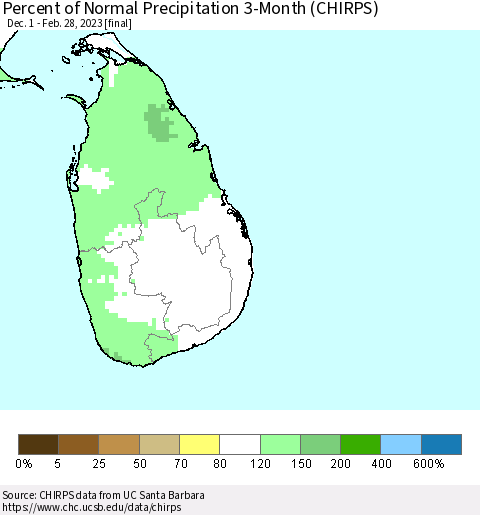 Sri Lanka Percent of Normal Precipitation 3-Month (CHIRPS) Thematic Map For 12/1/2022 - 2/28/2023