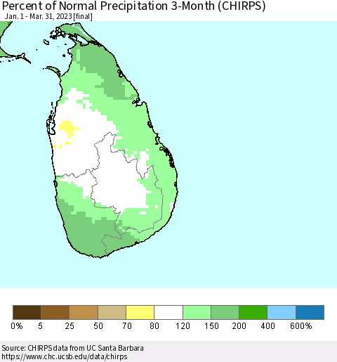 Sri Lanka Percent of Normal Precipitation 3-Month (CHIRPS) Thematic Map For 1/1/2023 - 3/31/2023