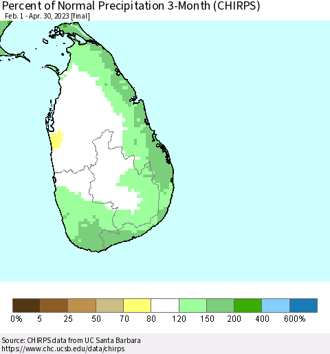 Sri Lanka Percent of Normal Precipitation 3-Month (CHIRPS) Thematic Map For 2/1/2023 - 4/30/2023