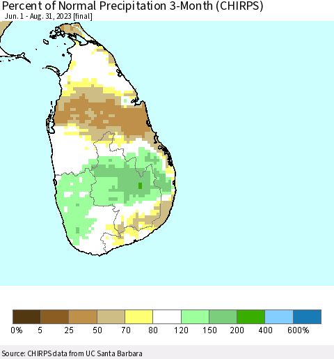Sri Lanka Percent of Normal Precipitation 3-Month (CHIRPS) Thematic Map For 6/1/2023 - 8/31/2023