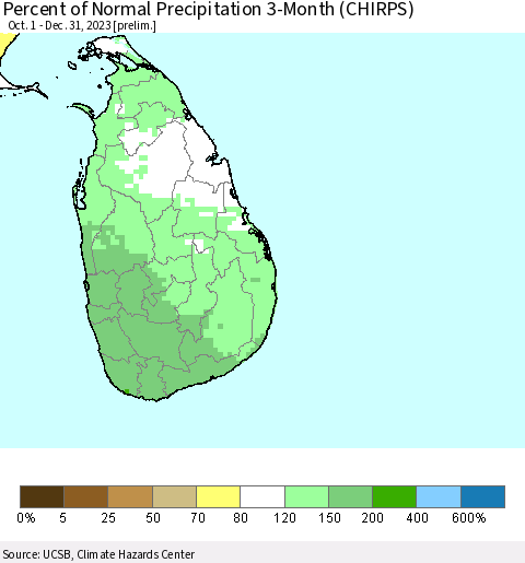 Sri Lanka Percent of Normal Precipitation 3-Month (CHIRPS) Thematic Map For 10/1/2023 - 12/31/2023