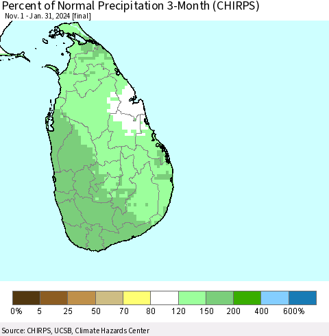 Sri Lanka Percent of Normal Precipitation 3-Month (CHIRPS) Thematic Map For 11/1/2023 - 1/31/2024
