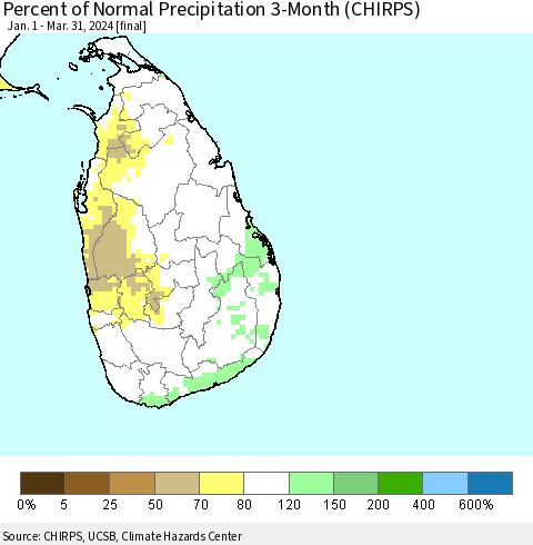 Sri Lanka Percent of Normal Precipitation 3-Month (CHIRPS) Thematic Map For 1/1/2024 - 3/31/2024