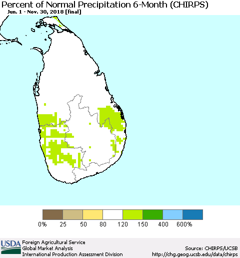 Sri Lanka Percent of Normal Precipitation 6-Month (CHIRPS) Thematic Map For 6/1/2018 - 11/30/2018