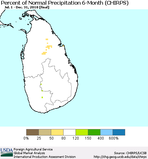 Sri Lanka Percent of Normal Precipitation 6-Month (CHIRPS) Thematic Map For 7/1/2018 - 12/31/2018
