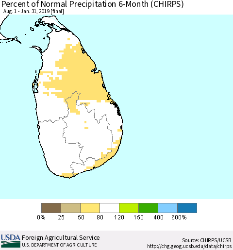 Sri Lanka Percent of Normal Precipitation 6-Month (CHIRPS) Thematic Map For 8/1/2018 - 1/31/2019