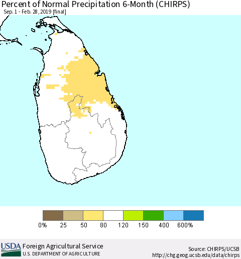 Sri Lanka Percent of Normal Precipitation 6-Month (CHIRPS) Thematic Map For 9/1/2018 - 2/28/2019