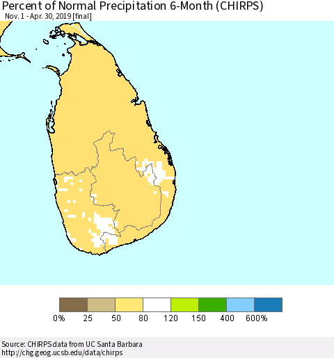 Sri Lanka Percent of Normal Precipitation 6-Month (CHIRPS) Thematic Map For 11/1/2018 - 4/30/2019