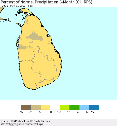 Sri Lanka Percent of Normal Precipitation 6-Month (CHIRPS) Thematic Map For 12/1/2018 - 5/31/2019