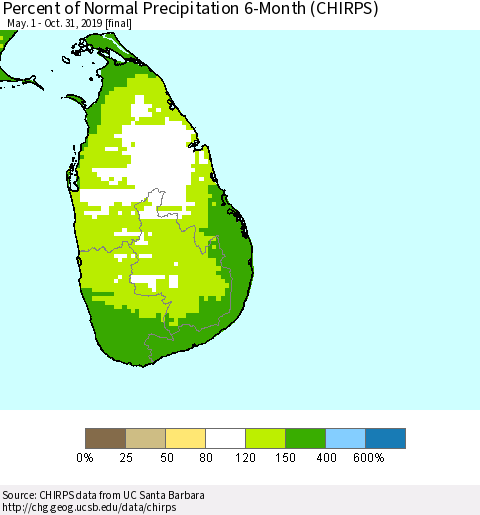 Sri Lanka Percent of Normal Precipitation 6-Month (CHIRPS) Thematic Map For 5/1/2019 - 10/31/2019