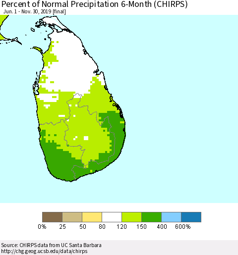 Sri Lanka Percent of Normal Precipitation 6-Month (CHIRPS) Thematic Map For 6/1/2019 - 11/30/2019