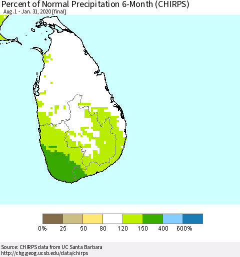 Sri Lanka Percent of Normal Precipitation 6-Month (CHIRPS) Thematic Map For 8/1/2019 - 1/31/2020