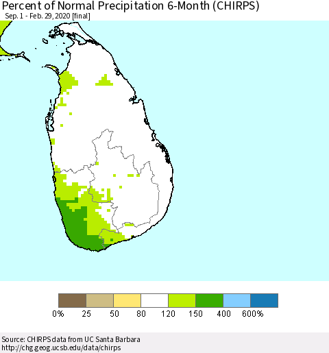 Sri Lanka Percent of Normal Precipitation 6-Month (CHIRPS) Thematic Map For 9/1/2019 - 2/29/2020