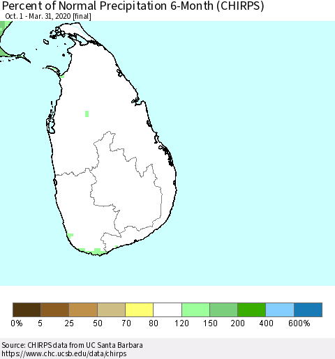 Sri Lanka Percent of Normal Precipitation 6-Month (CHIRPS) Thematic Map For 10/1/2019 - 3/31/2020