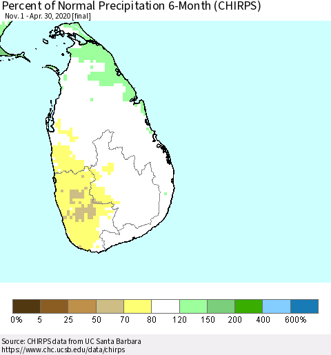 Sri Lanka Percent of Normal Precipitation 6-Month (CHIRPS) Thematic Map For 11/1/2019 - 4/30/2020