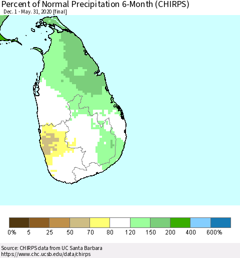 Sri Lanka Percent of Normal Precipitation 6-Month (CHIRPS) Thematic Map For 12/1/2019 - 5/31/2020