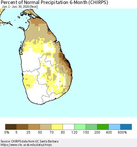 Sri Lanka Percent of Normal Precipitation 6-Month (CHIRPS) Thematic Map For 1/1/2020 - 6/30/2020