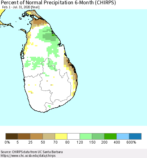 Sri Lanka Percent of Normal Precipitation 6-Month (CHIRPS) Thematic Map For 2/1/2020 - 7/31/2020