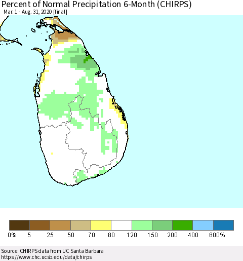 Sri Lanka Percent of Normal Precipitation 6-Month (CHIRPS) Thematic Map For 3/1/2020 - 8/31/2020