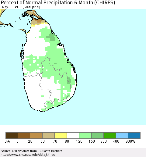 Sri Lanka Percent of Normal Precipitation 6-Month (CHIRPS) Thematic Map For 5/1/2020 - 10/31/2020