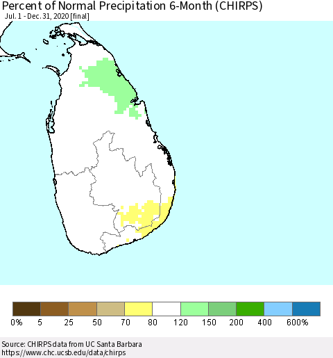 Sri Lanka Percent of Normal Precipitation 6-Month (CHIRPS) Thematic Map For 7/1/2020 - 12/31/2020
