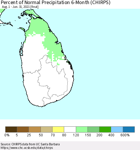 Sri Lanka Percent of Normal Precipitation 6-Month (CHIRPS) Thematic Map For 8/1/2020 - 1/31/2021