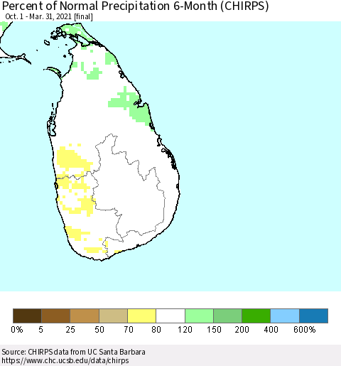 Sri Lanka Percent of Normal Precipitation 6-Month (CHIRPS) Thematic Map For 10/1/2020 - 3/31/2021