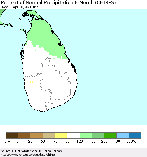 Sri Lanka Percent of Normal Precipitation 6-Month (CHIRPS) Thematic Map For 11/1/2020 - 4/30/2021
