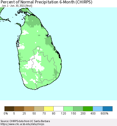 Sri Lanka Percent of Normal Precipitation 6-Month (CHIRPS) Thematic Map For 1/1/2021 - 6/30/2021