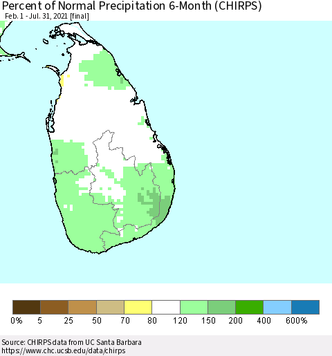 Sri Lanka Percent of Normal Precipitation 6-Month (CHIRPS) Thematic Map For 2/1/2021 - 7/31/2021