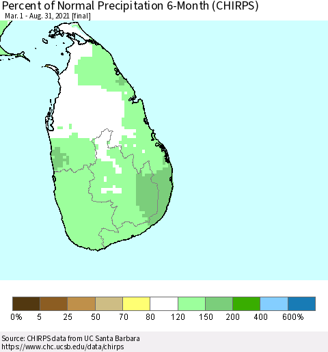 Sri Lanka Percent of Normal Precipitation 6-Month (CHIRPS) Thematic Map For 3/1/2021 - 8/31/2021