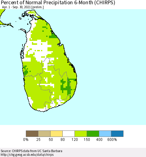 Sri Lanka Percent of Normal Precipitation 6-Month (CHIRPS) Thematic Map For 4/1/2021 - 9/30/2021