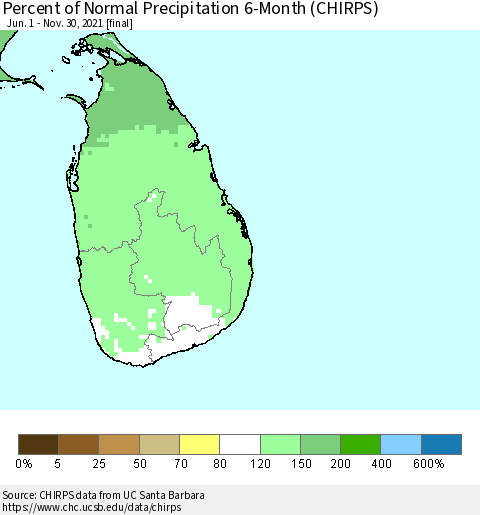 Sri Lanka Percent of Normal Precipitation 6-Month (CHIRPS) Thematic Map For 6/1/2021 - 11/30/2021