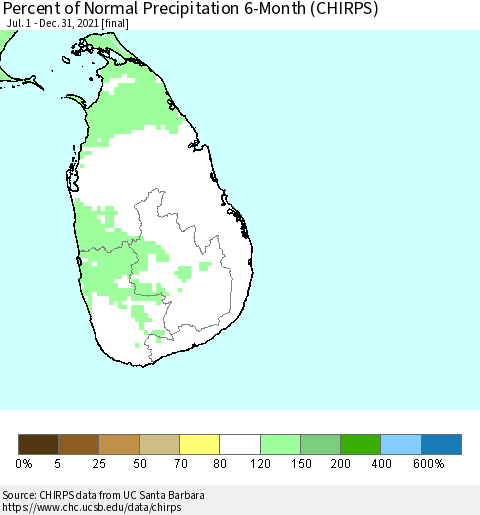 Sri Lanka Percent of Normal Precipitation 6-Month (CHIRPS) Thematic Map For 7/1/2021 - 12/31/2021